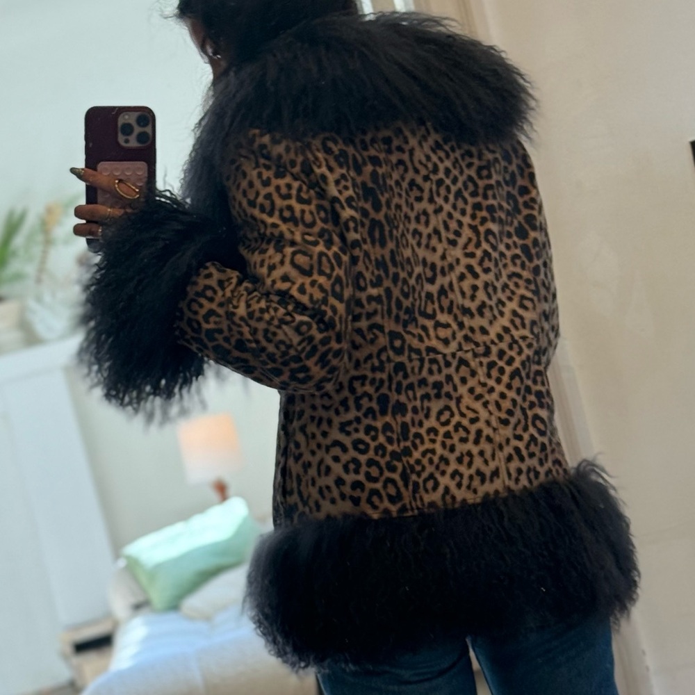 KONG Leopard Suede Mongolian Lamb Trim Jacket - Charcoal- Size S - Picture 7 of 11